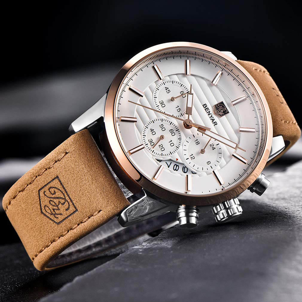 BENYAR Quartz Chronograph Waterproof Watches Business and Sport Design Leather Band Strap Wrist Watch for Men (Brown Gold White)