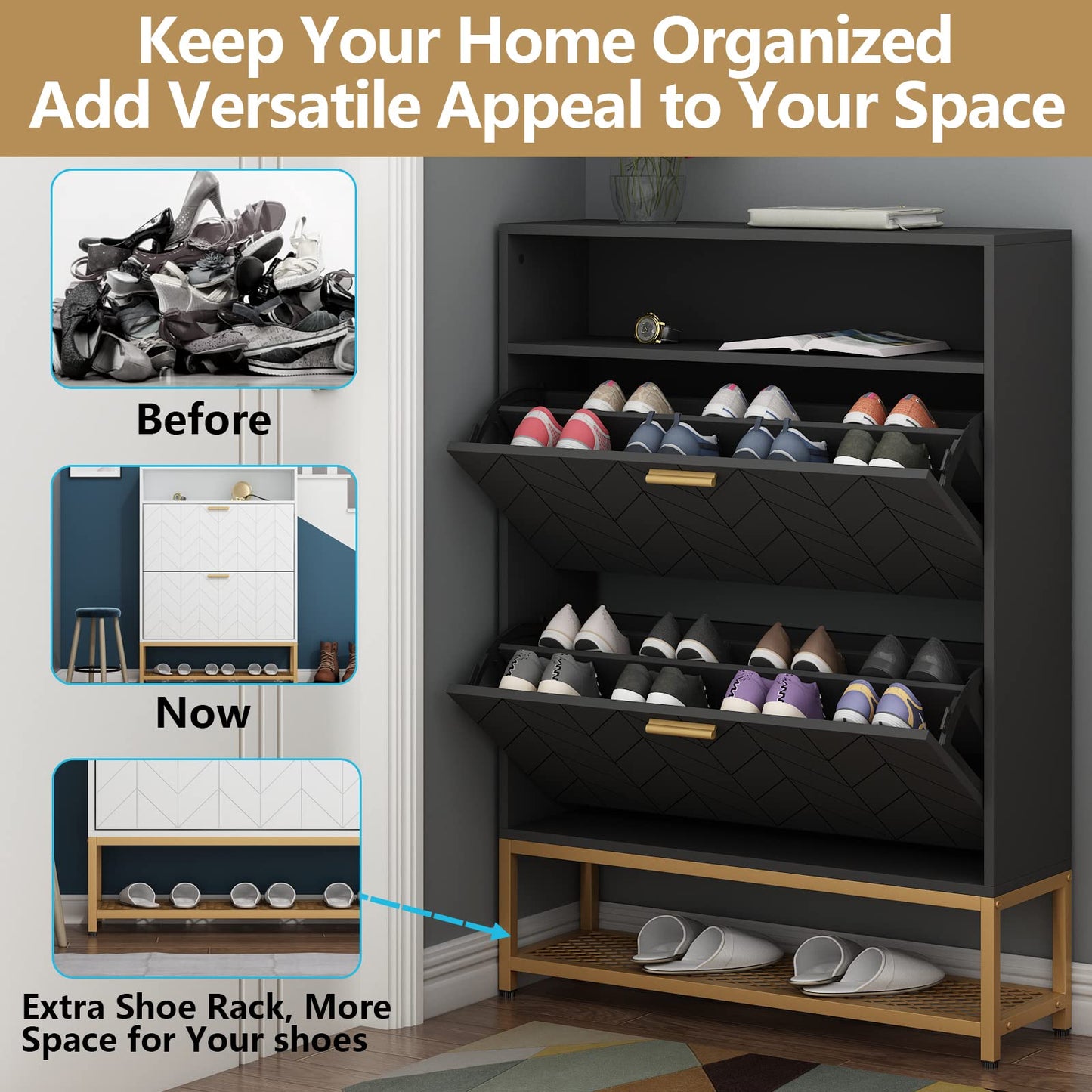Loomie Free Standing Tipping Bucket Shoe Rack Organizer with 2 Flip Drawers, Narrow Entryway Shoe Storage with Shelf & Top Cubby, Modern Slim Hidden Cabinet with Doors (Black)