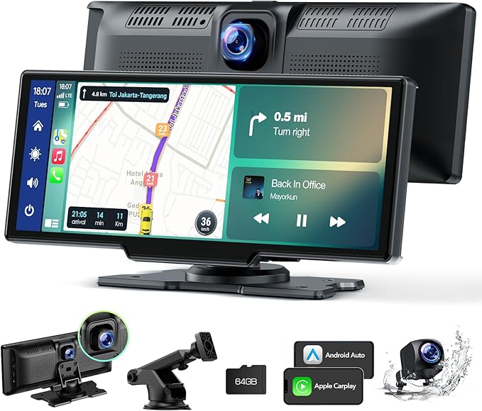 9.26 Inch Wireless Apple CarPlay and Android Auto Screen with Dash Cam 2.5K Front 1080P Rear Recording, Voice Control, GPS...