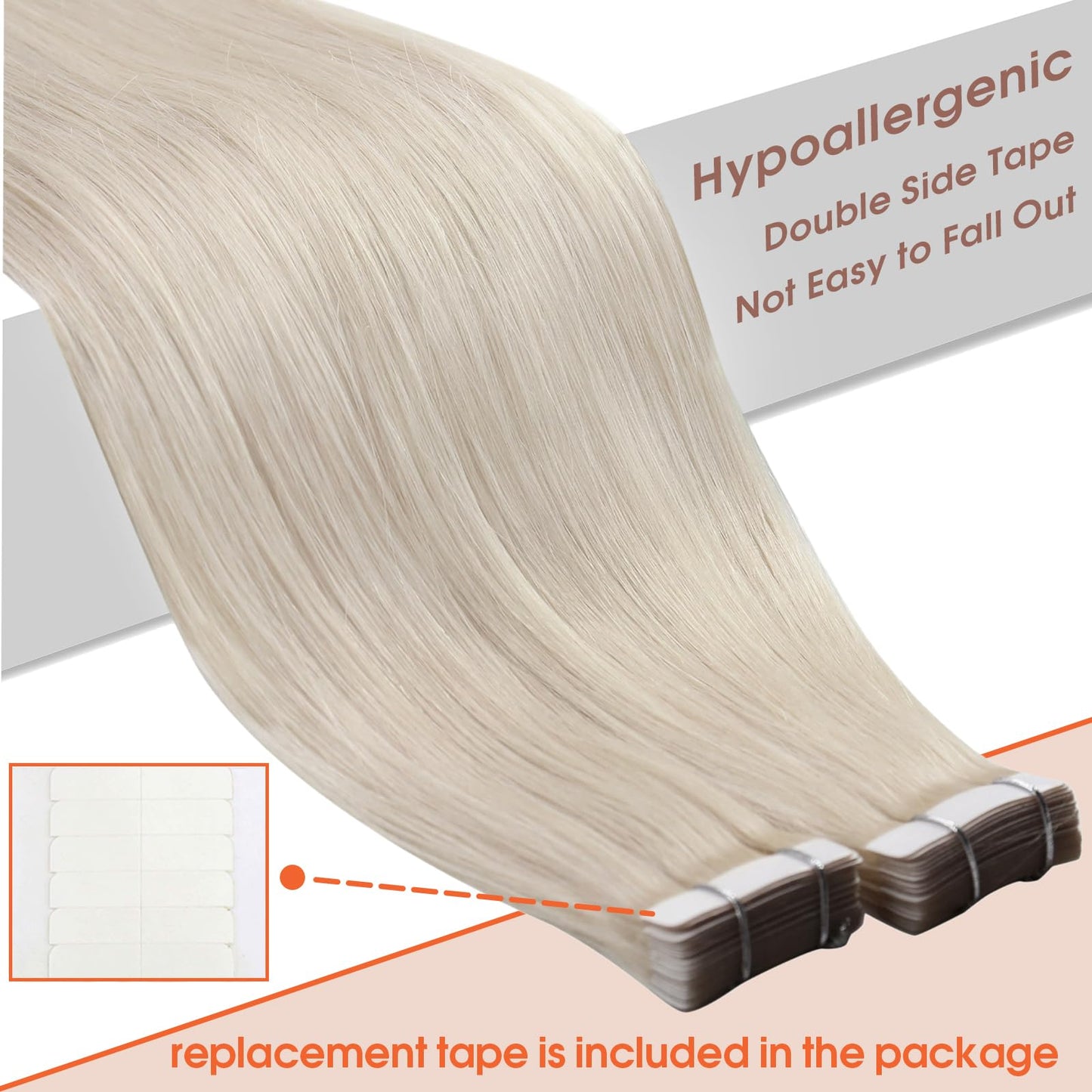 Sunny Hair Tape in Hair Extensions Real Human Hair Invisible Remy Hair Extensions Tape ins for Women White Blonde 18 inch 25G