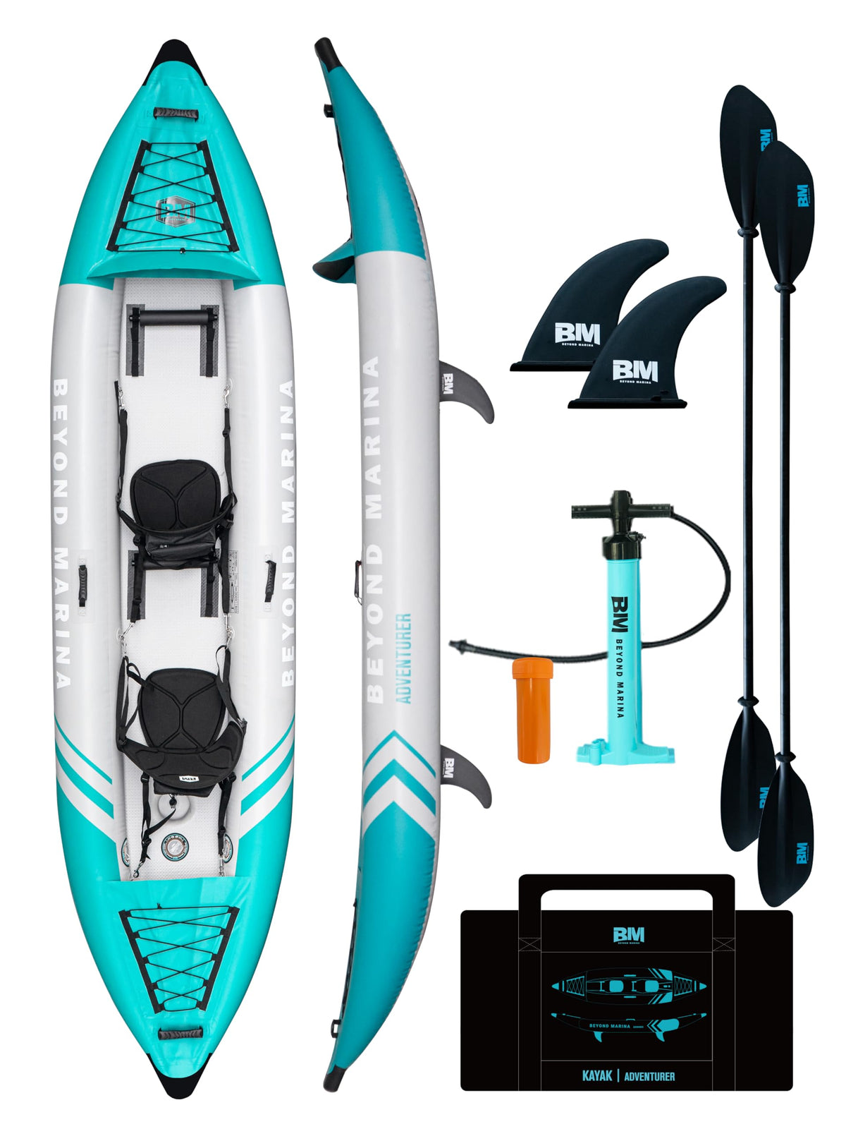 Inflatable Kayak 2 Person Adult - BEYOND MARINA Tandem Kayak with Drop Stitch Floor, Touring Kayak with Aluminum Paddles, Seats, Footrests, Pump, Fins, Adventurer 12.5ft