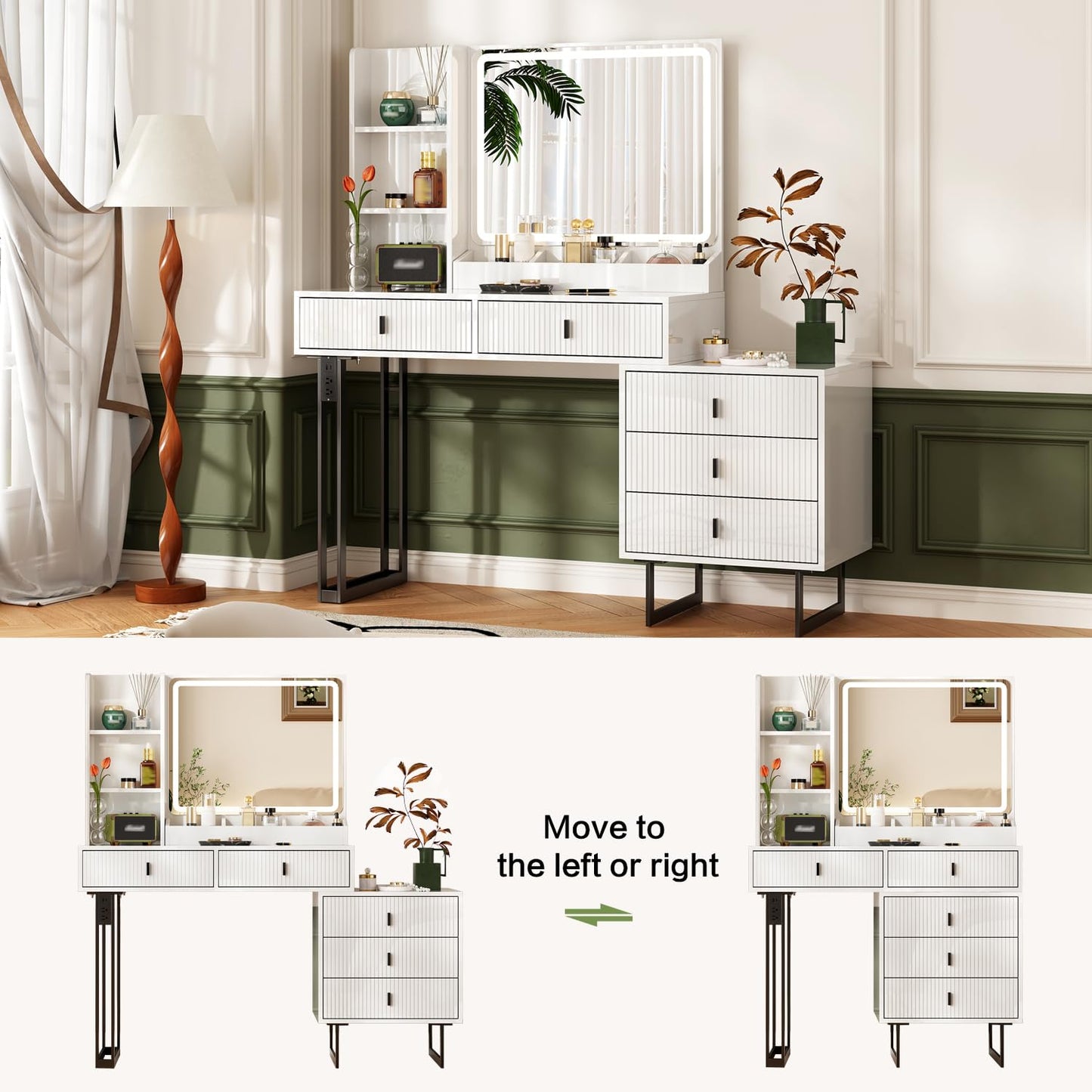 Large Vanity Desk with 3 Color Touch Screen Dimming Mirror, Vanity Desk with Charging Station, Modern Retractable Makeup Dressing Table, Vanity Table With storage shelves and 5 Sliding Drawers, White