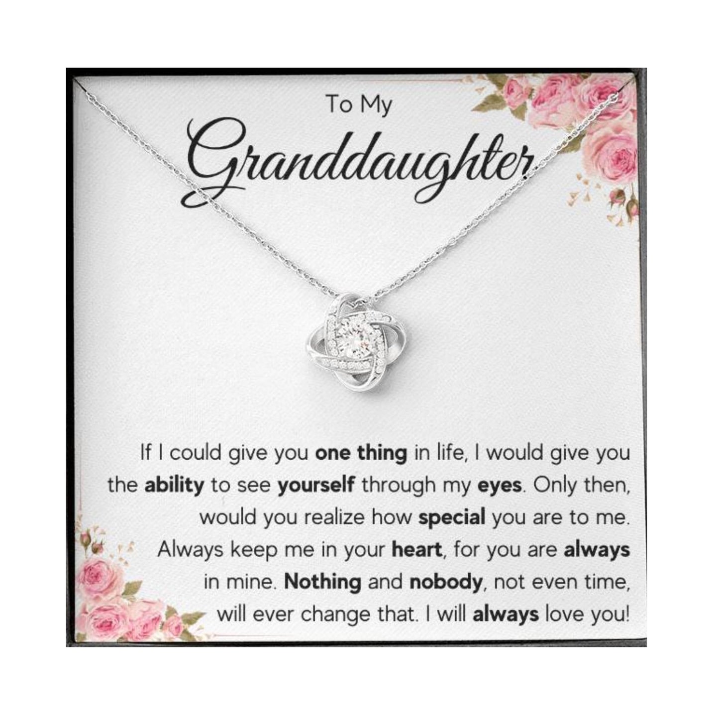 Granddaughter Necklace Gifts From Grandma Grandmother or Grandpa Grandfather To My Granddaughter Graduation Birthday Pendant Jewelry with Message Card and Gift Box (Standard Box, My Eyes Knot)