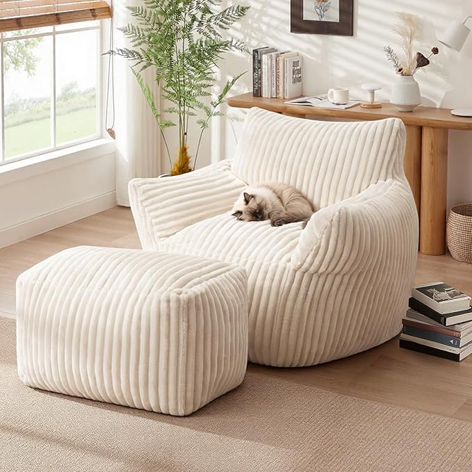 JULY'S SONG Bean Bag Chair with Ottoman for Adults, Fluffy Cream Lazy Couch Sofa Chair with Armrests for Living Room, Bedroom & Dorm