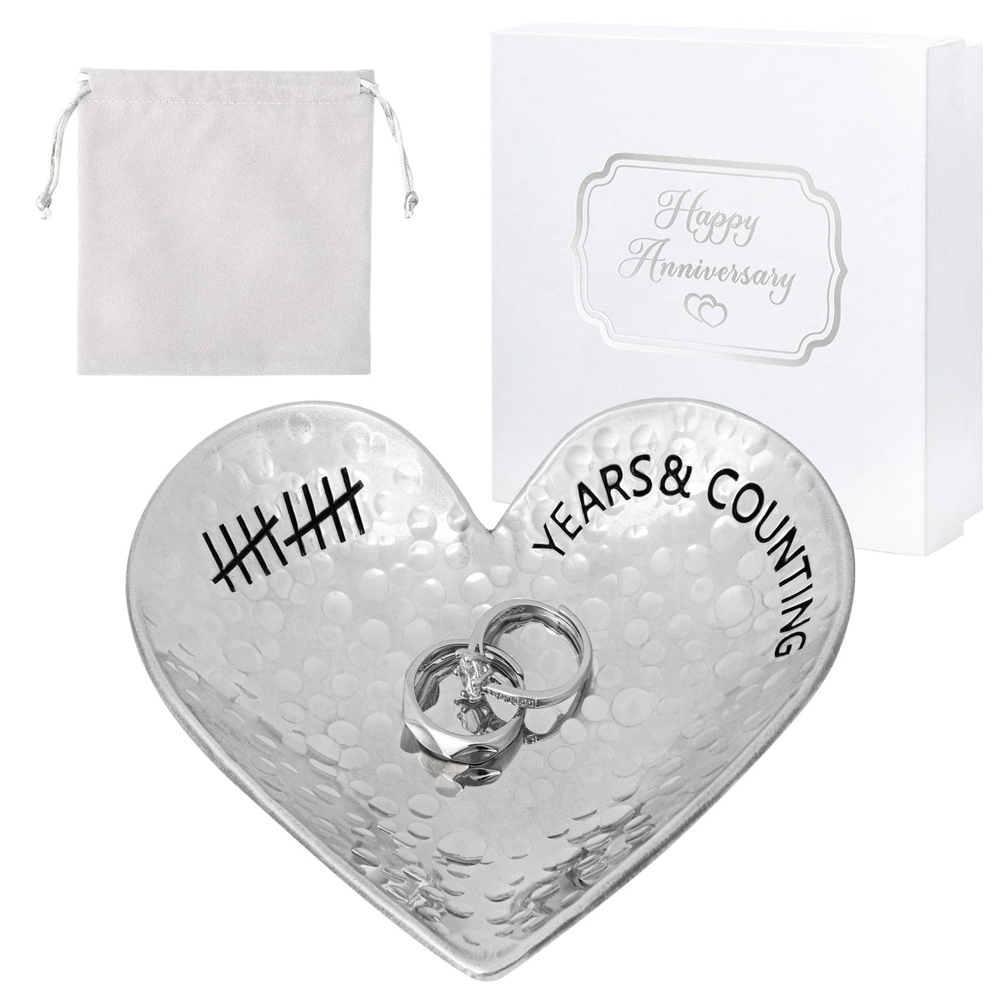 CEELGON 10 Year Wedding Anniversary Tin Gifts 10th Gifts Heart Jewelry Tray Engraved Aluminum Decorative Dish for Couple Him or Her