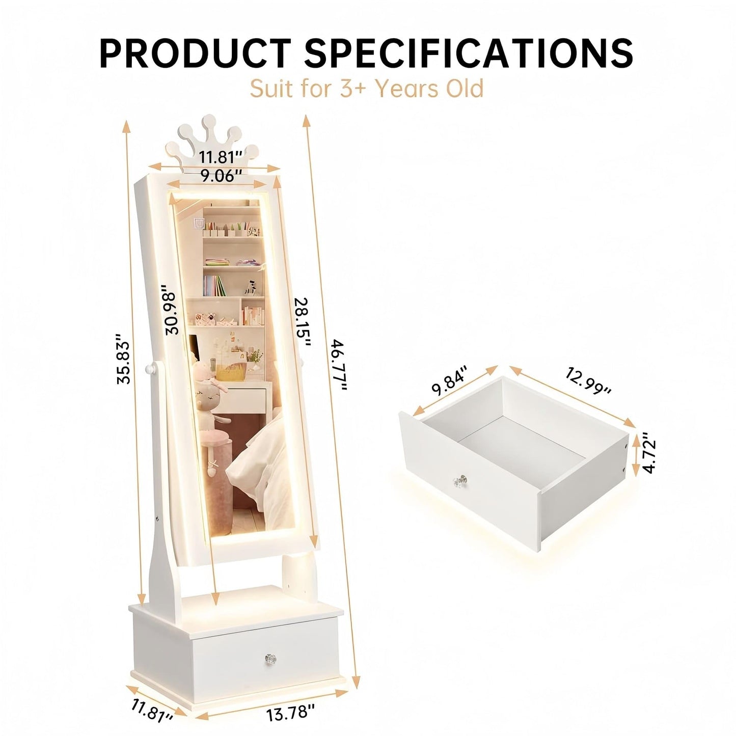 Garvee Kids Jewelry Armoire with Full Length Mirror, LED Lights, Adjustable Angle, Lockable Jewelry Cabinet for Girls, Standing Organizer, Gift for Girls