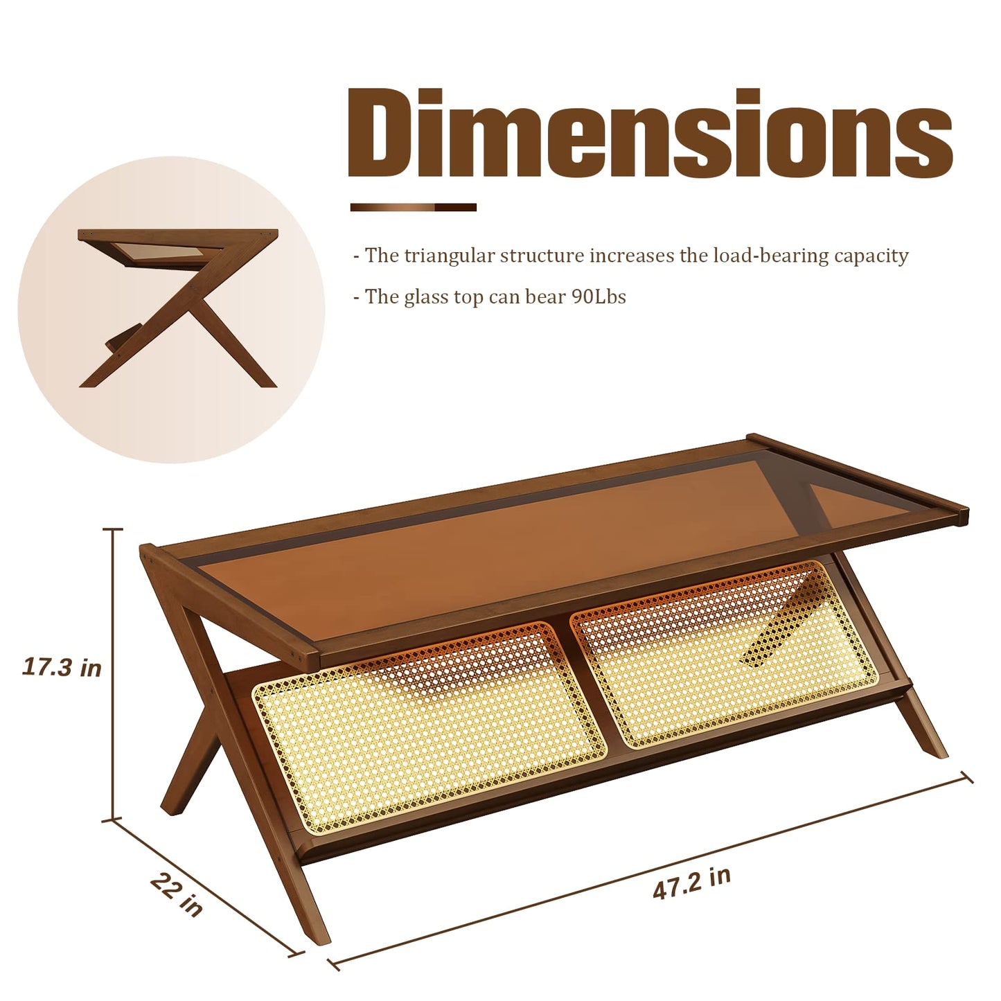 Bamworld Rattan Coffee Table with Glass Top Mid-Century Modern Center Table with Storage for Living Room Table Brown