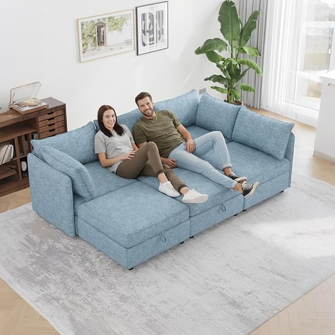 FIRLZY Oversized Modular Sofa with Removable Covers and Storage, Convertible U, L-Shaped and Sleeper Sectional, Modern Sectional Couch with Ottoman Chaise for Living Room, Blue Textured, 6 Seat Sofa