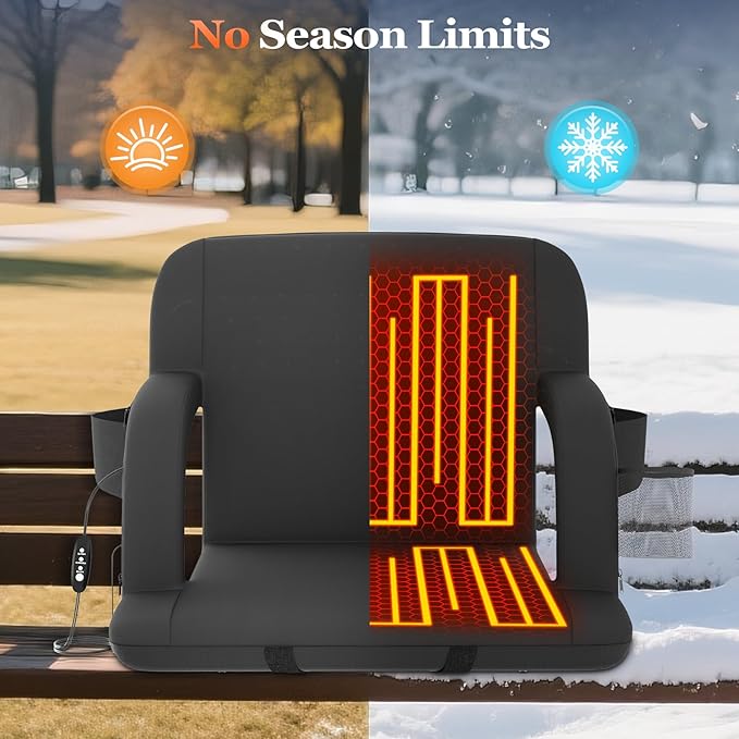 Seeutek Heated Stadium Seats for Bleachers, Portable Stadium Seats with Back Support, USB 3 Levels Bleacher Chairs with Back and Cushion, 5 Pockets Poldable Stadium Chairs for Sports Games,23in 1PC