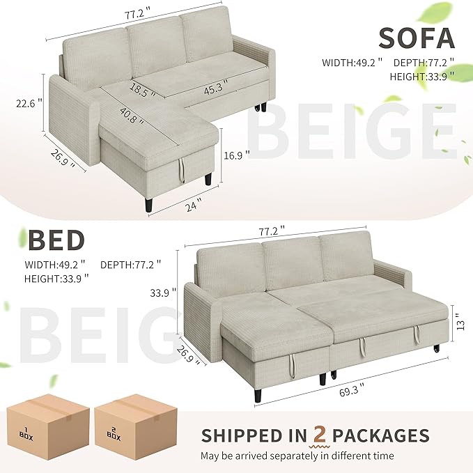 Nuturelly Sectional Sofa Couch Bed L Shaped Sleeper Sofa Bed Pull Out Bed with Storage, Reversible Sectional Couches for Living Room, Apartment, Office(White)