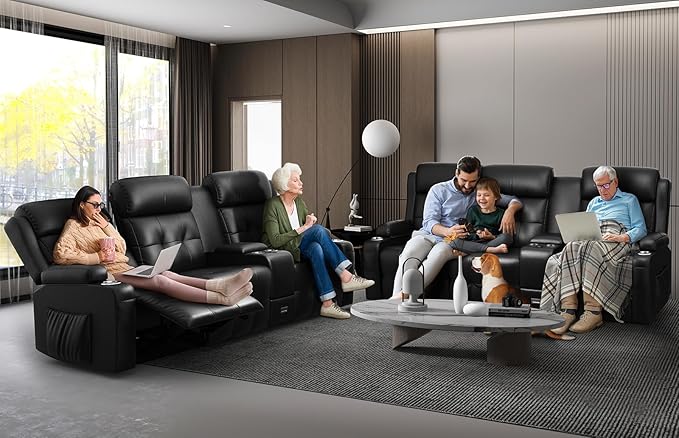 Recliner Sofa, 3 Sets of Massage Reclining 3 Seater Sofa Sets Heavy Weight Capacity, RV Loveseat Couch Clearance with Console, USB, Type C Port, Storage, Cup Holders, Wall Hugger Chair for Living Room
