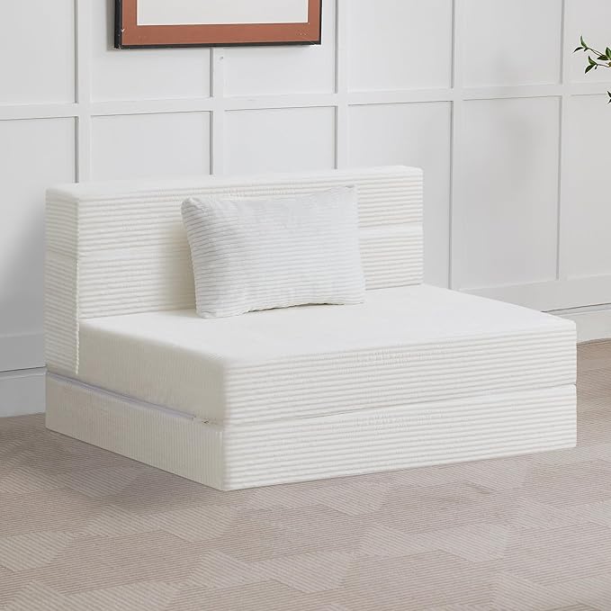 WUTUTUEE Folding Sofa Bed Convertible Floor Couch Foldable Chair Bed with Pillow，Linen Sleeper Chair Futon,Foldable Memory Foam Mattress for Bedroom/Living Room/Dorm/Office (Corduroy White, Standard)