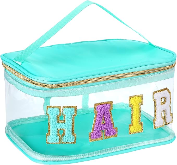 Chenille Letter Clear Makeup Bags Hair Pouch Preppy Patch Makeup Bag Zipper with Handle Transparent PVC Waterproof Glitter...