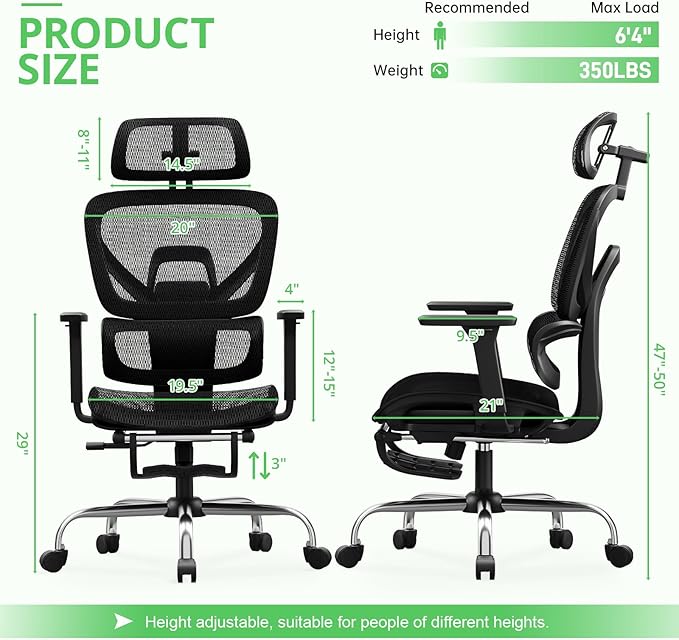 Synorla Ergonomic Office Chair with Footrest, Mesh Desk Chair with 135° Recline, Adjustable Lumbar Support, 3D Armrests and Headrest, Swivel Computer Chair for Home Office