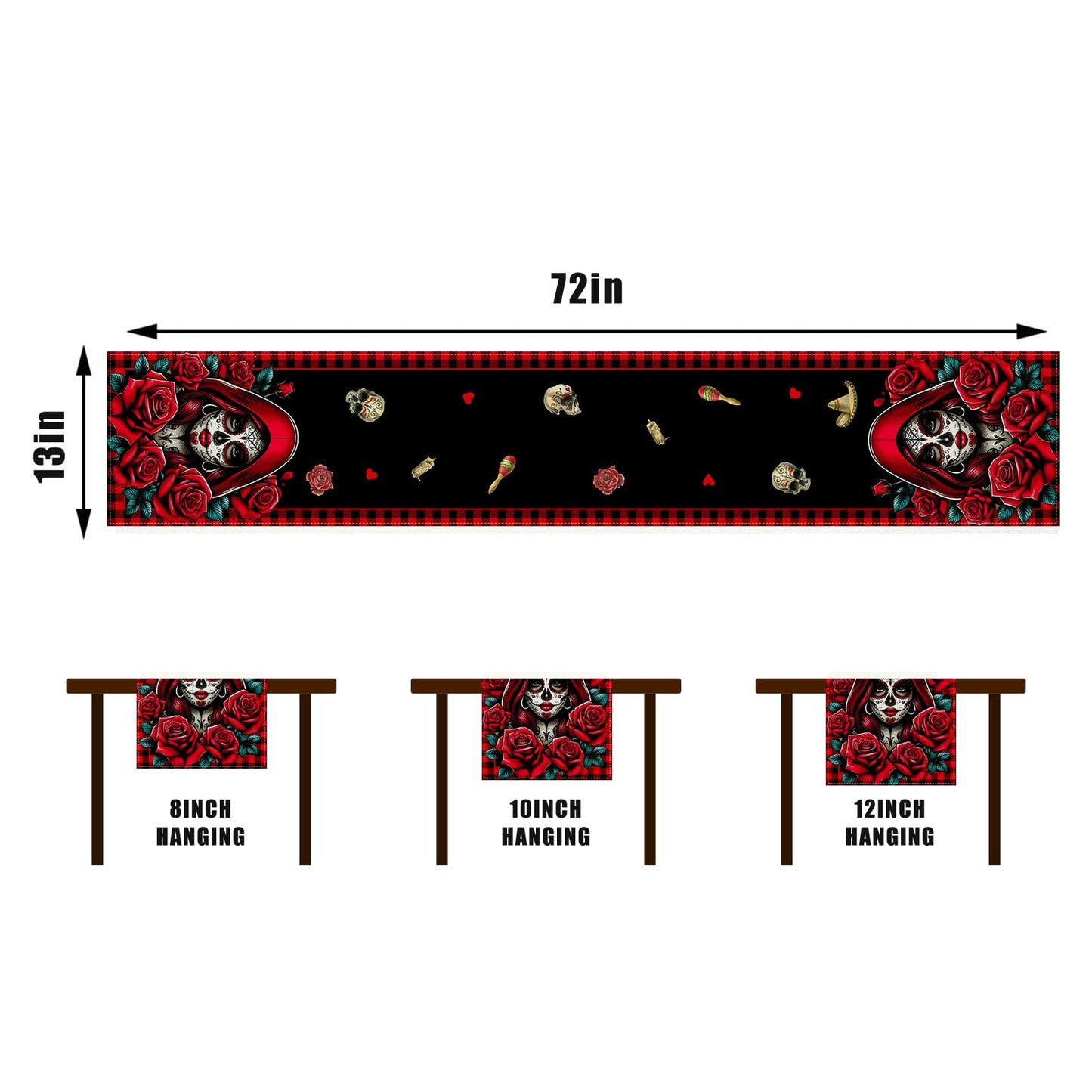 Day of The Dead Table Runner Dia De Los Muertos Tablecloth Sugar Skull Roses Mexican Fiesta Halloween Party Decoration and Supplies for Home Kitchen Table-13×72''
