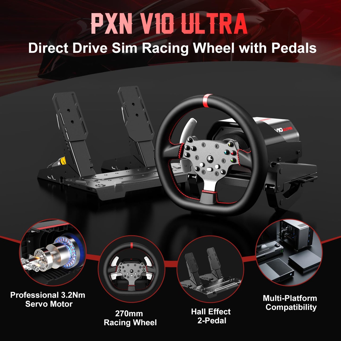 PXN V10 Ultra Direct Drive Racing Wheel, 3.2Nm Force Feedback, Hall Effect Metal Pedals, 4 Aluminum Paddle Shifters, Sim Racing Wheel for PC, PS4, Xbox Series X|S & Xbox One