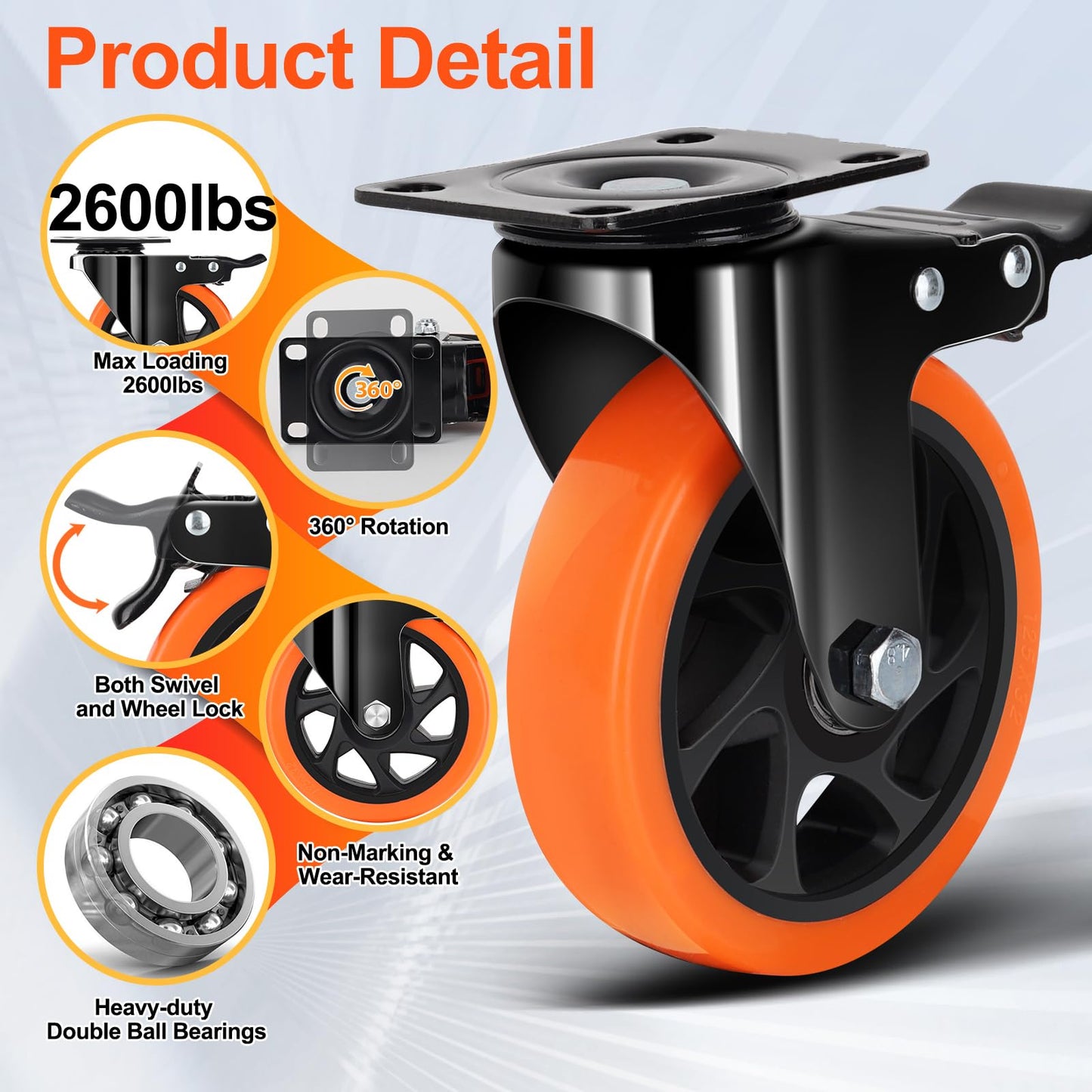 QNCZ Caster Wheels, 5 Inch Heavy Duty Casters Set of 4, Silent Industrial Casters Load 2600lbs, Swivel Casters for Furniture, Workbench and Cart Wheels