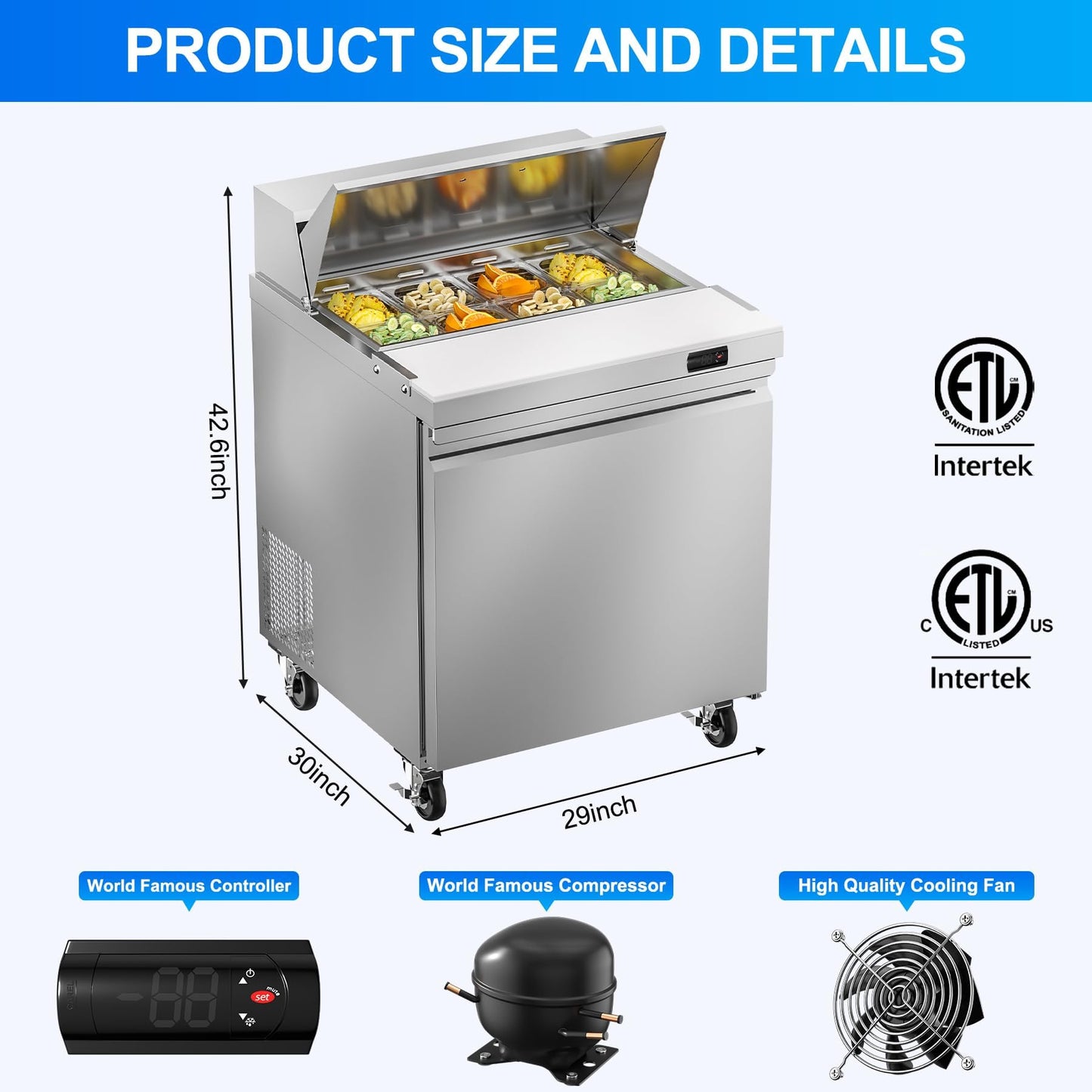 Rockitch 29" W Commercial Sandwich Salad Prep Table Refrigerator, 7.6 Cu.ft Single Door Stainless Steel Commercial Kitchen Refrigerated Equipment with 8 Pans for Restaurant, Bar, Shop, etc.