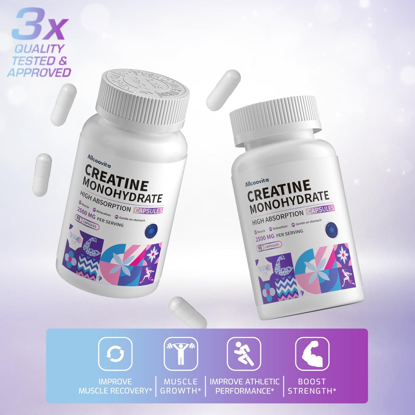 Allcoovita Creatine Monohydrate Capsules -3 Creatine Capsules per Serving, 2500mg, Gluten Free, 90 Capsules