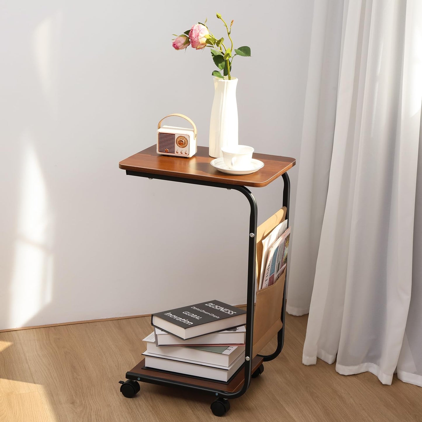 diowewea C Shaped End Table, Adjustable Height Side Table for Small Spaces, C Table with Wheels, Couch Table with Storage Shelf and Fabric Storage Bag, Side Table for Sofa Living Room Bedroom Brown