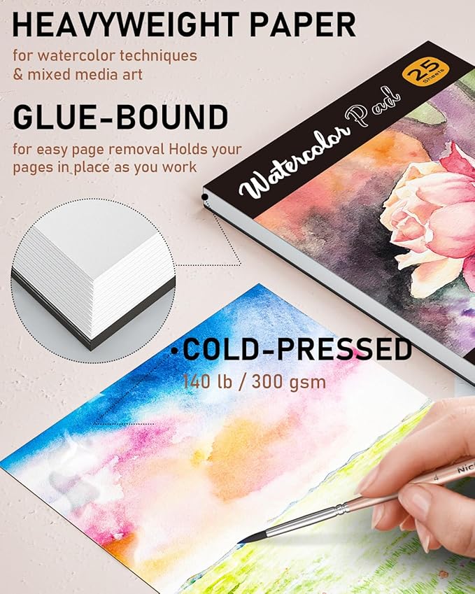 Nicpro 100 Colors Watercolor Paint Set include Metallic Macaron & Fluorescent, 8 Synthetic Squirrel Painting Brushes, 25 Water Color Paper, Palette, Art Supplies Kit for Artist Adult Beginner with Gift Box