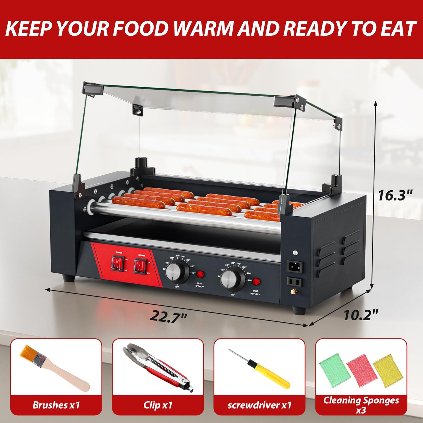 Baotree Commercial Hot Dog Rollers, 5 Rollers 12 Hot Dogs Capacity, 750W Stainless Steel Hot Dog Griller with Dual Controls, Glass Cover, Removable Tray for Commercial and Party