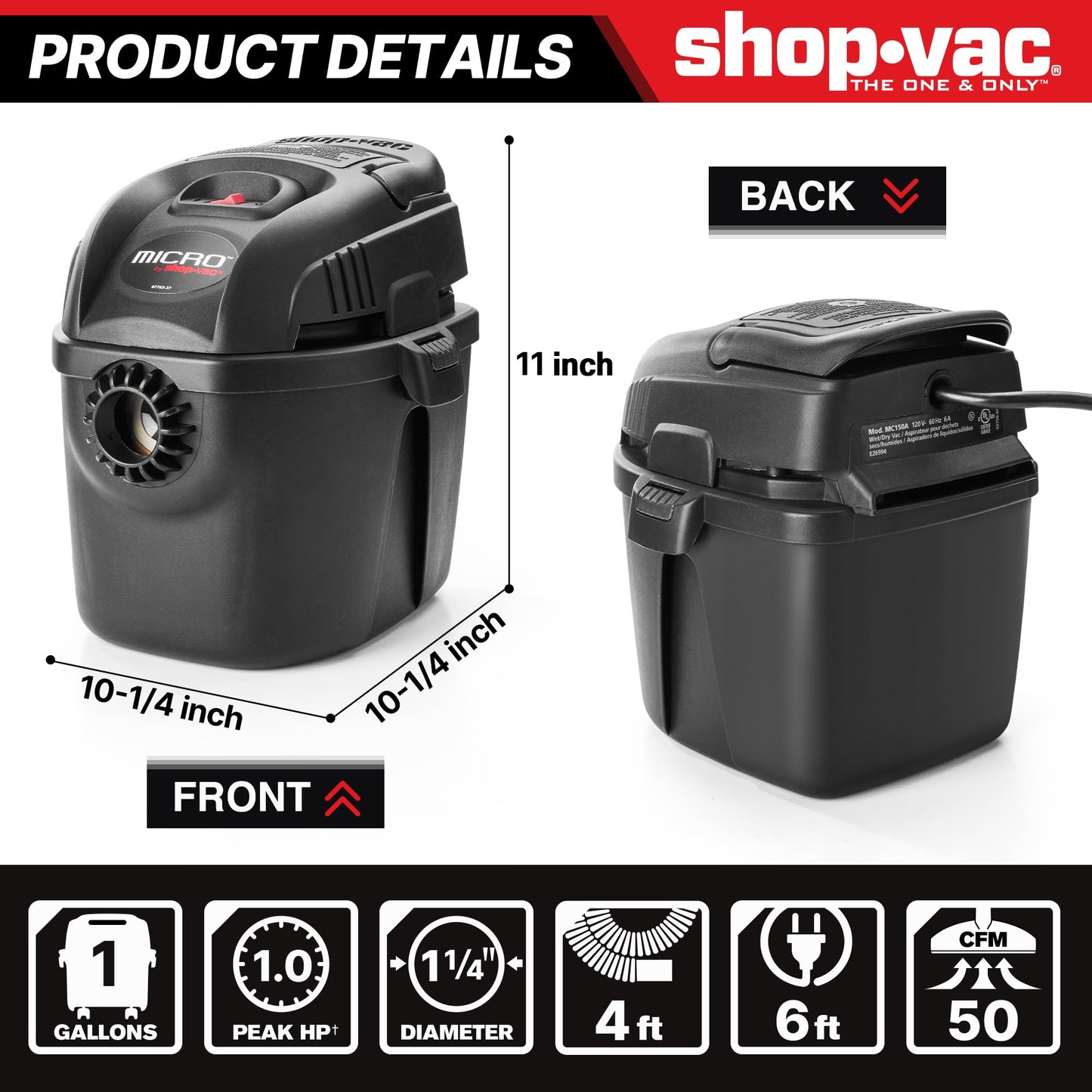 Shop-Vac 2021005 1 Gallon Micro Wet/Dry Vacuum, 1.0 Peak HP, 1.25 Inch Diameter x 4 Foot Hose, 6 Food Cord, Lightweight And Portable, Quick Wet/Dry Pickup