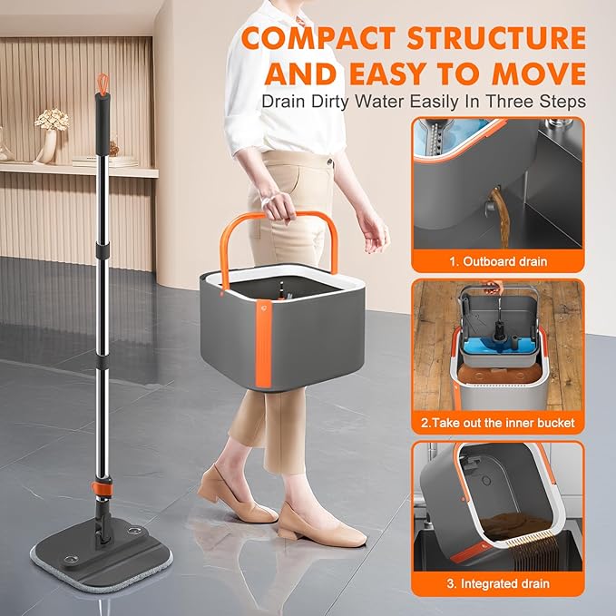 Upgraded Self-Standing Spin Mop and Bucket System, Detachable Inner Mop Bucket Separates Dirty Water & 90° Foldable Head, Triple-Scrub System, 0.9Gal Dual Drainage, for Hardwood Floors (Gray 6 Pads)