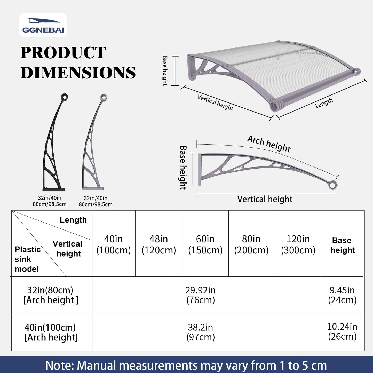 Awning for Door Entrance with Drainage Sink,32x40 Inch Awnings for Doors,Window Canopy Exterior with Plastic Steel Bracket,Polycarbonate Cover,UV,Rain,Snow Protection for House,Porch,Patio,Deck