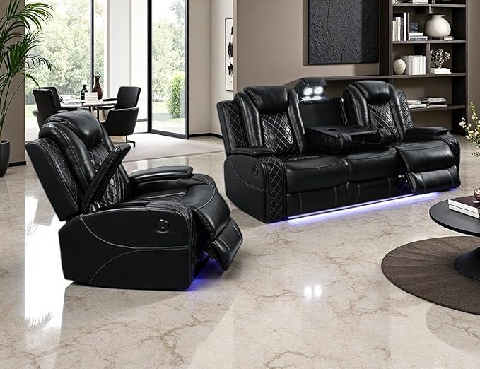 Toseslo Power Recliner Sofa Set with LED Light, Black Leather Sectional Sofa and Chair Set, Living Room Furniture Sets, Modern Power Reclining Sets with Storage Console for House