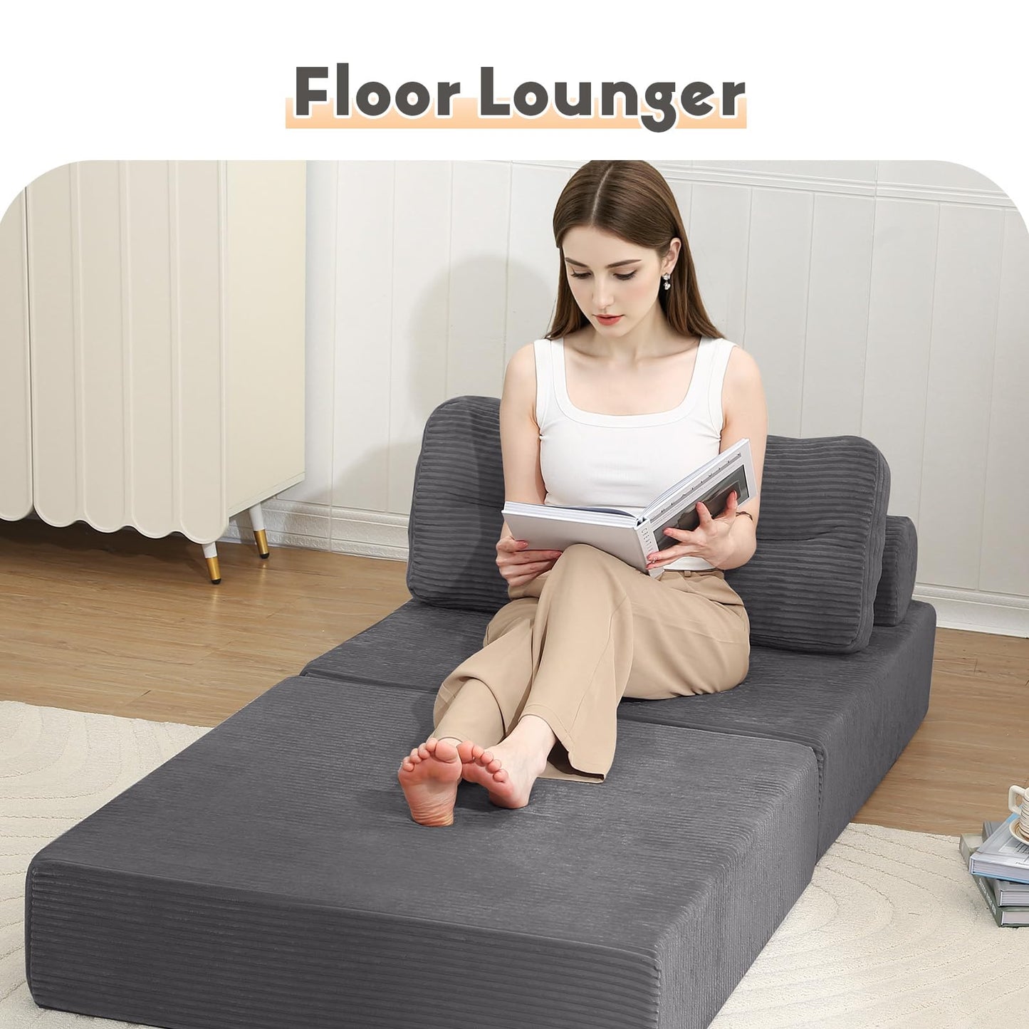 MeMoreCool Convertible Sofa Bed Folding Bed Chair, Boneless Sleeper Chair with Pillow, Fold Out Couch Lazy Floor Futon Lounger for Guest Small Space, Portable Foldable Mattress Couch Single, Grey