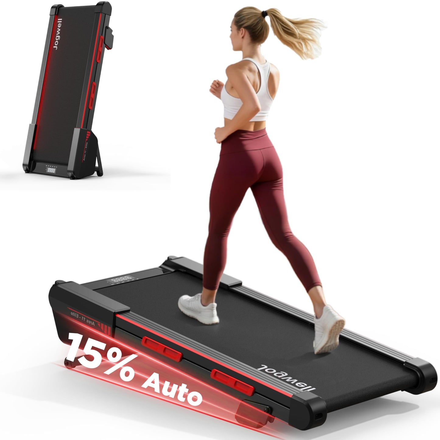 Jogwell Walking Pad Treadmill with 15% Auto Incline, 3.0HP Quiet Brushless - Under Desk Portable Treadmill for Home Office, Full Deck Design, 350lbs Capacity, Vertical Storage, App, Grey, Standard