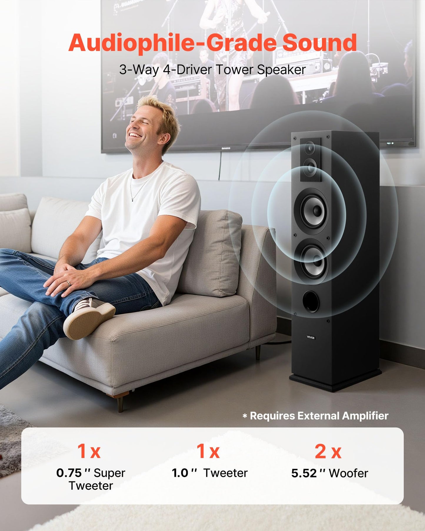 Vevor Passive Floorstanding Speakers Pair, 3-Way, Floor-Standing Tower Speakers With 0.75 In & 1 In Tweeter, 5.25 In Woofers, 14