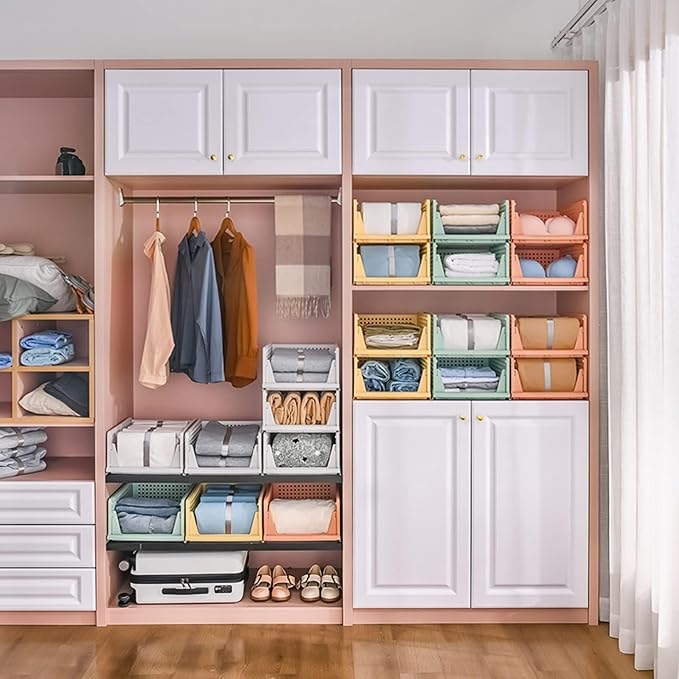 5 Pack Folding Closet Organizers Storage Box, Stackable Storage Bins, Plastic Drawer Basket Closet Storage for Wardrobe Cupboard Kitchen Bathroom Office Green-5L