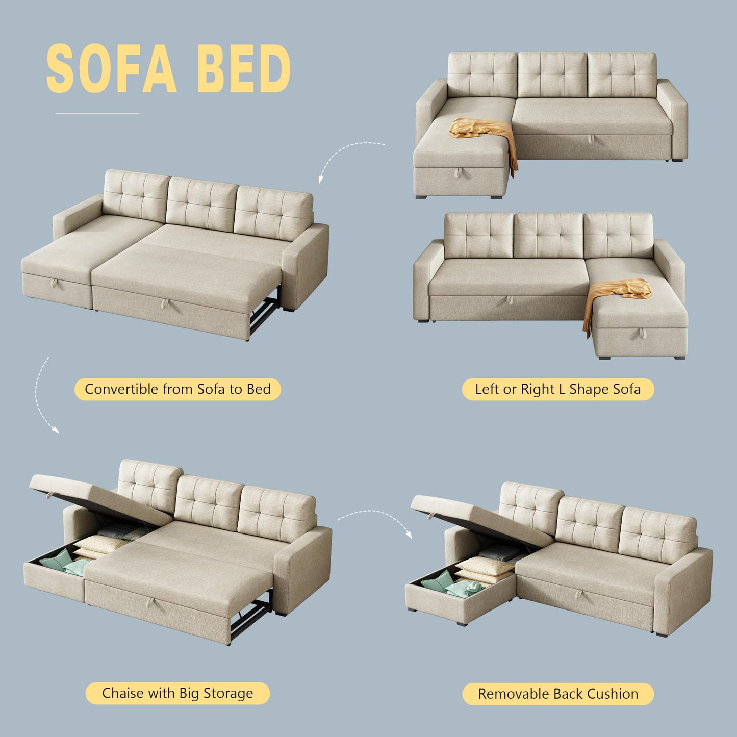 YOPTO L-Shape Reversible Sectional Sleeper Sofa Bed 4 in 1 Pull Out Couch with Storage Chaise & Removable Back Cushions,Convertible Sleeper Corner Couch Pull-Out Sofa Bed for Living Room,Office