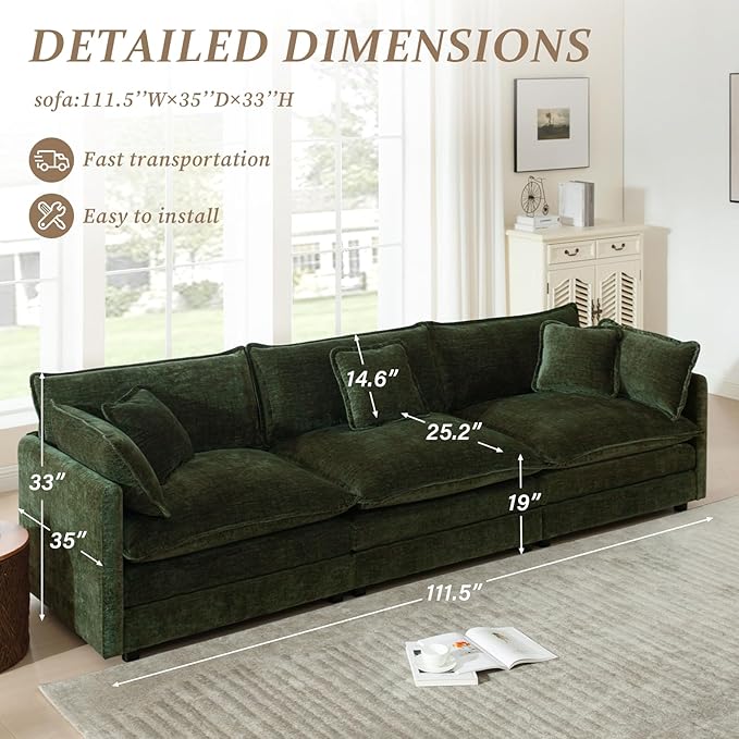 SoarFlash Chenille Sectional Sofa, Comfy Modular Loveseat Sofa, Modern 3-Seat Couch Deep Seat Sofa Set for Living Room,Green