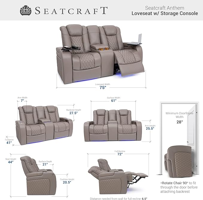 Seatcraft Anthem Italian Leather Loveseat w/Storage Console, Living Room, Power Headrest, Power Recline, Gray