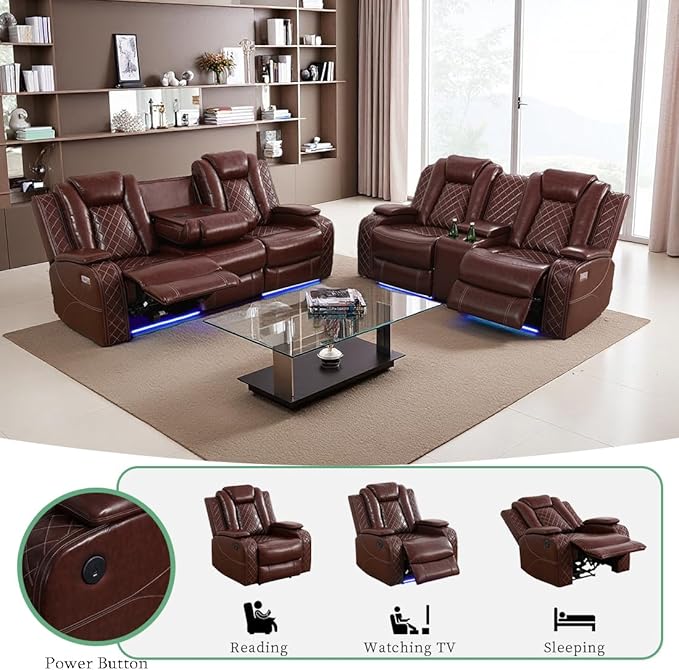 Dekmxas Modern Recliner Couch with Hidden Storage, 2-Piece Power Reclining Sofa Couch Set, Brown Breathing Leather Power Recliner Sofa and Loveseat with LED Light for Living Room/Home Theater