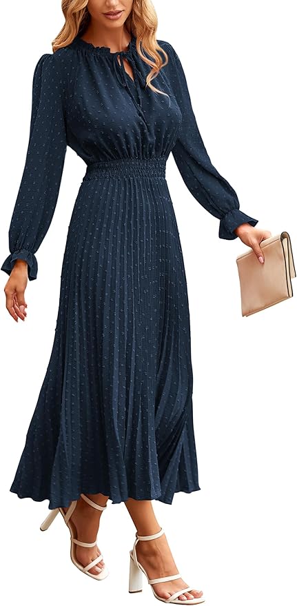 PRETTYGARDEN Women's 2026 Spring Fall Midi Dress Casual Long Sleeve V Neck Swiss Dot Pleated A Line Flowy Dresses