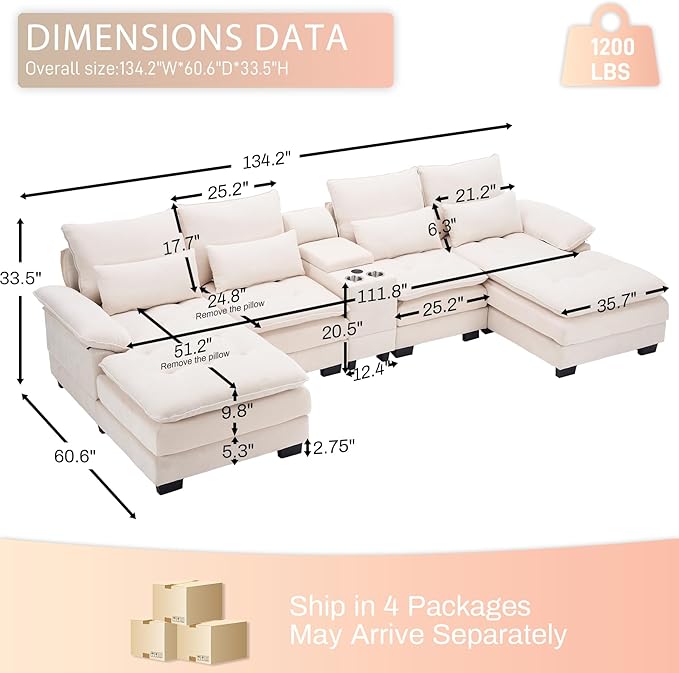 BEQAI 134"U Shaped Sectional Couch for Living Room, Modern Chenille 6 Seat Living Room Sofa Set with Storage Console, Oversized Modular Sectional Fluffy Couch with Tufted Buttons & Chaise Lounge,Beige