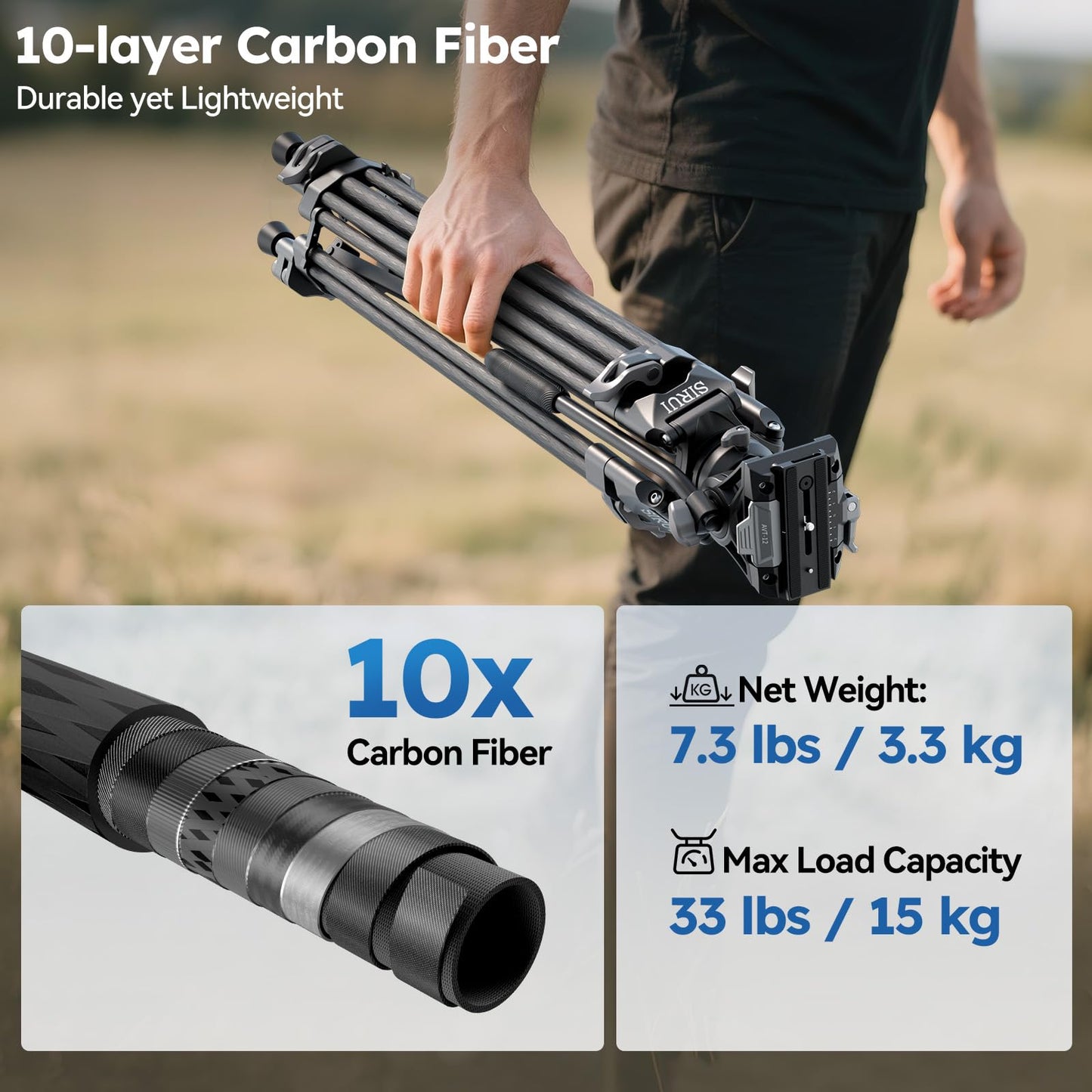 SIRUI Quick Release Carbon Fiber Video Tripod, 73" Heavy Duty Tripod with Fluid Head and One-Step QR Plate Locking System, Professional for DSLR Cameras Camcorders, Max Load 33lbs / 15kg, AVT-12
