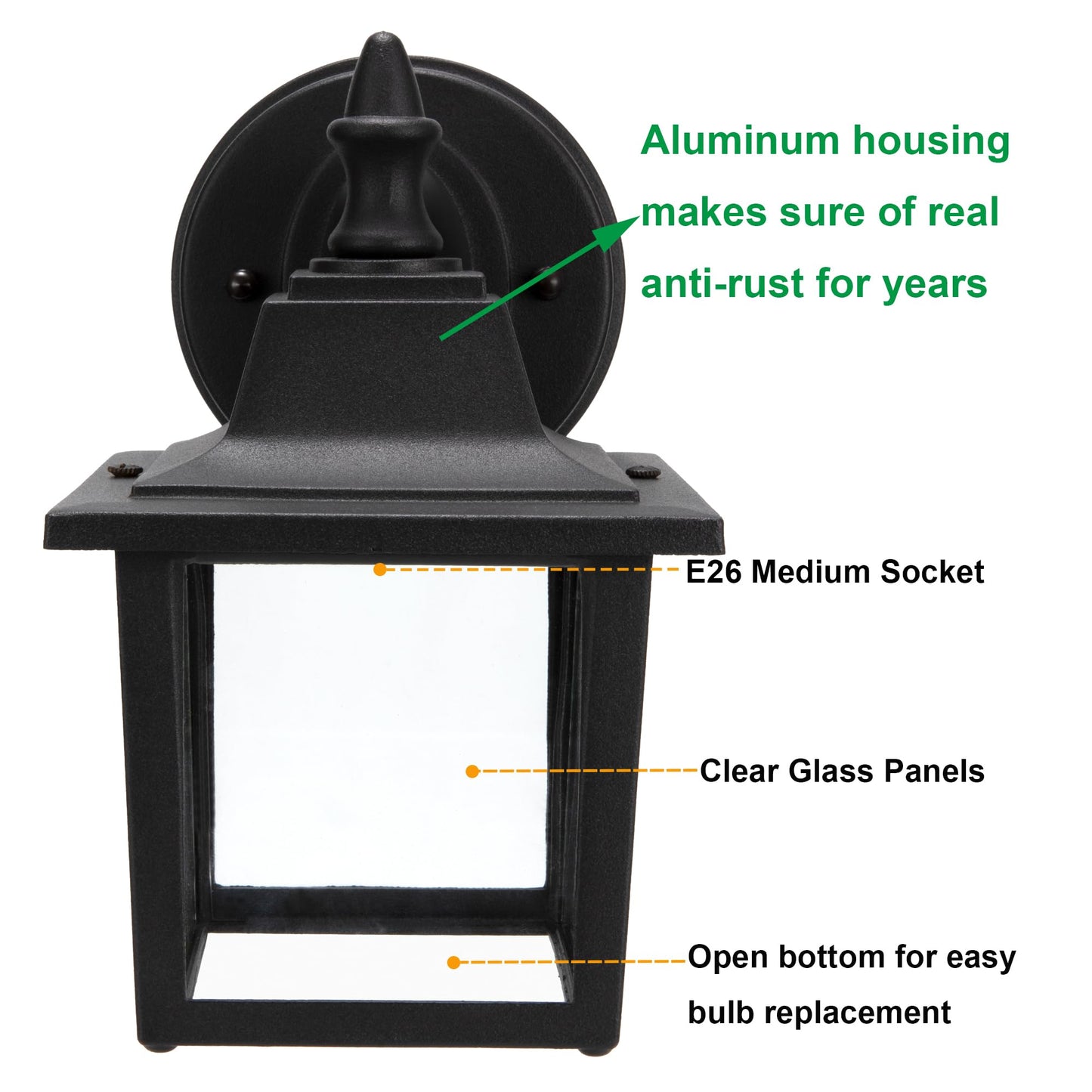 LIT-PaTH Outdoor Wall Lantern, Wall Sconce as Porch Lighting Fixture, E26 Medium Base 60W Max., Aluminum Housing Plus Glass, Bulbs NOT Included, Matte Black Finish, 1-Pack
