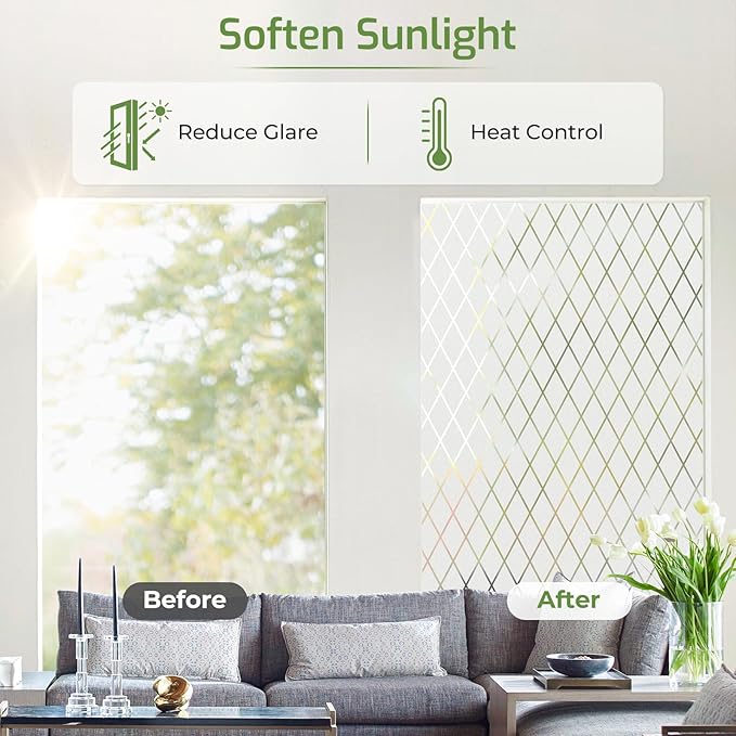 LUTE Frosted Window Privacy Film, Static Cling UV Sun Blocking Heat Control Window Cover, Removable Non-Adhesive Glass Sticker Vinyl Decorative Frosting Decals for Home Office, Lattice, 17.5" x 157.4"
