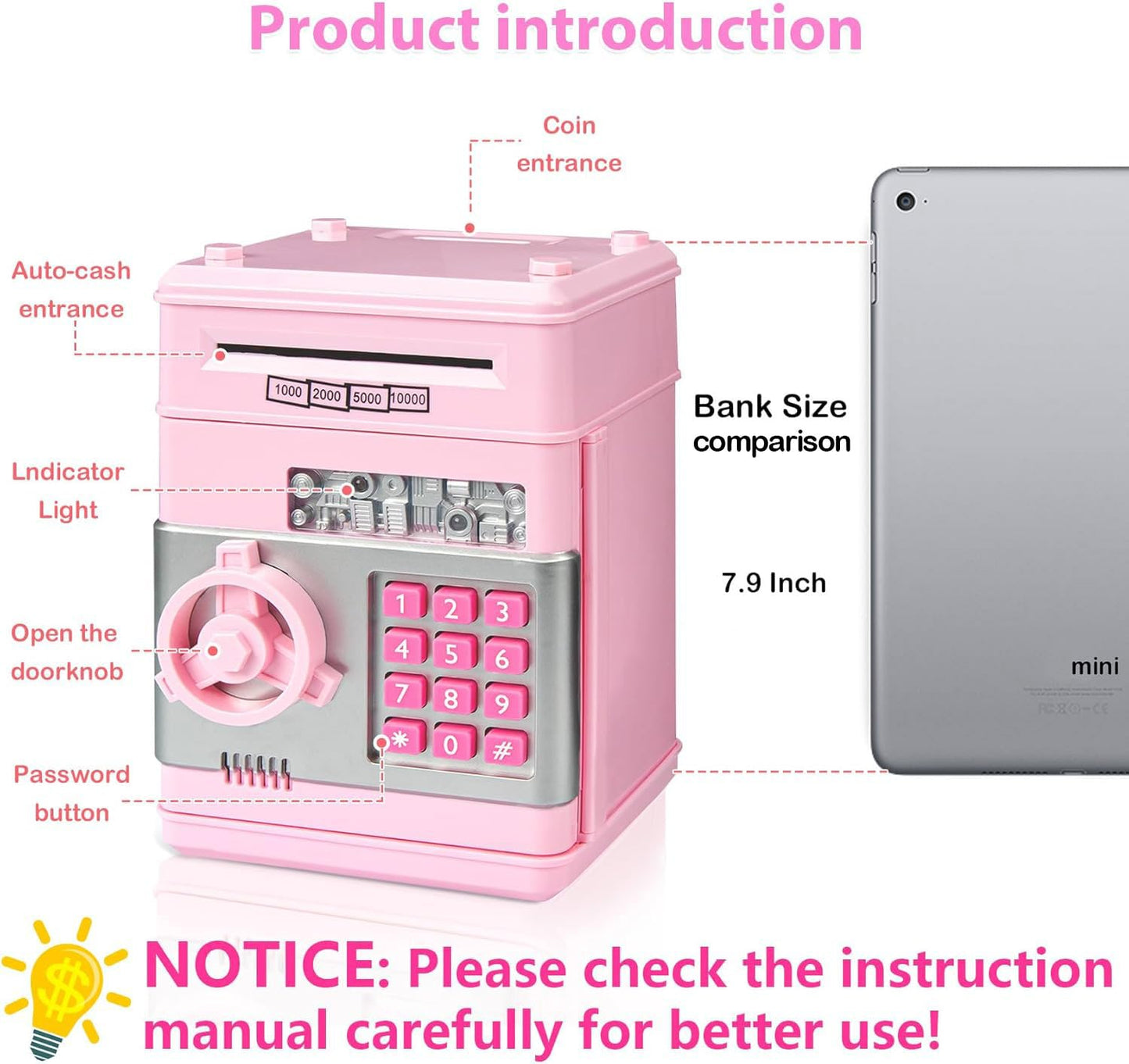 Kids Piggy Bank for Girls - Toys for 5 6 7 8 9 10 Year Old Girl Birthday Gifts - Electronic Piggy Bank ATM Machine Money Safe for Kids Toys Age 6-8-10