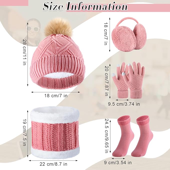 SATINIOR 5 Pcs Winter Hat Scarf Gloves Set Fleece Warm Lined Knit Beanie Hat Touch Screen Earmuff Gloves Warmer for Women(Pink,Stylish Style)