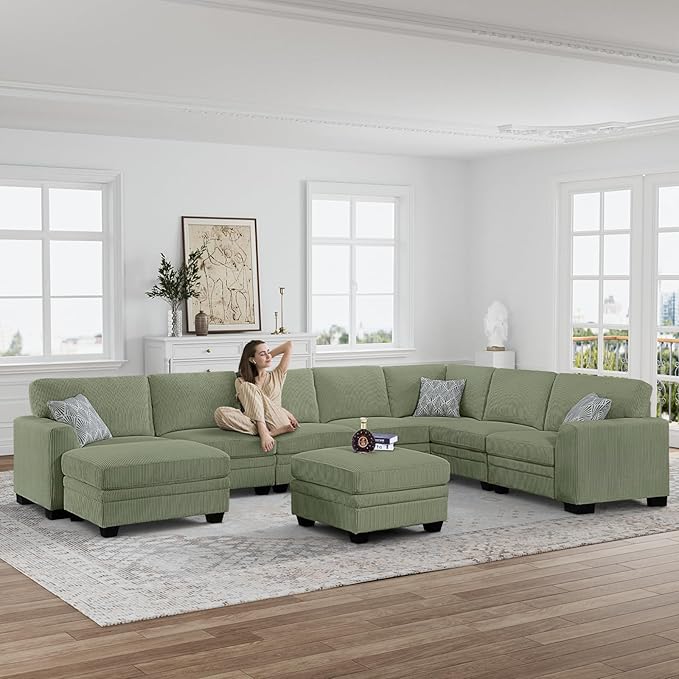 Legend Vansen Sectional Couches for Living Room,L-Shaped Corduroy Sofa with Ottoman for Living Room,Bedroom and Apartment (Olive, U-9)