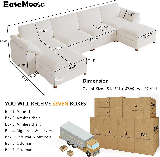 EASE MOOSE Cloud Sectional Modular Sofa, Oversized U Shape Sectional Couch Wide Deep seat Sectional Sofa,FSC Certified Comfortable Chenille White Cloud Modular Sofa