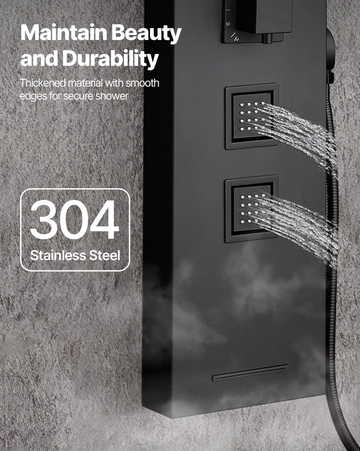 VEVOR Shower Panel Tower System with Rainfall Shower Head, 49 in Brushed Stainless Steel Shower Column, 4-Function Faucet, Wall-Mount Rain Massage System, with 4 Body Jets, Handheld, and Tub Spout
