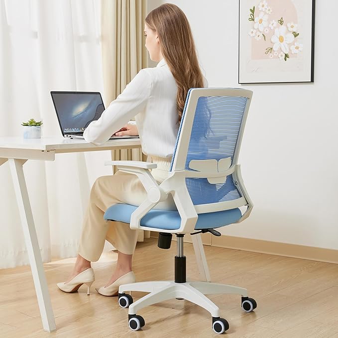 Msdizuo Ergonomic Office Chair Desk Chair with Adjustable Height Mesh Computer Chair Swivel Chair with Flip-up Arms and Lumbar Support Blue