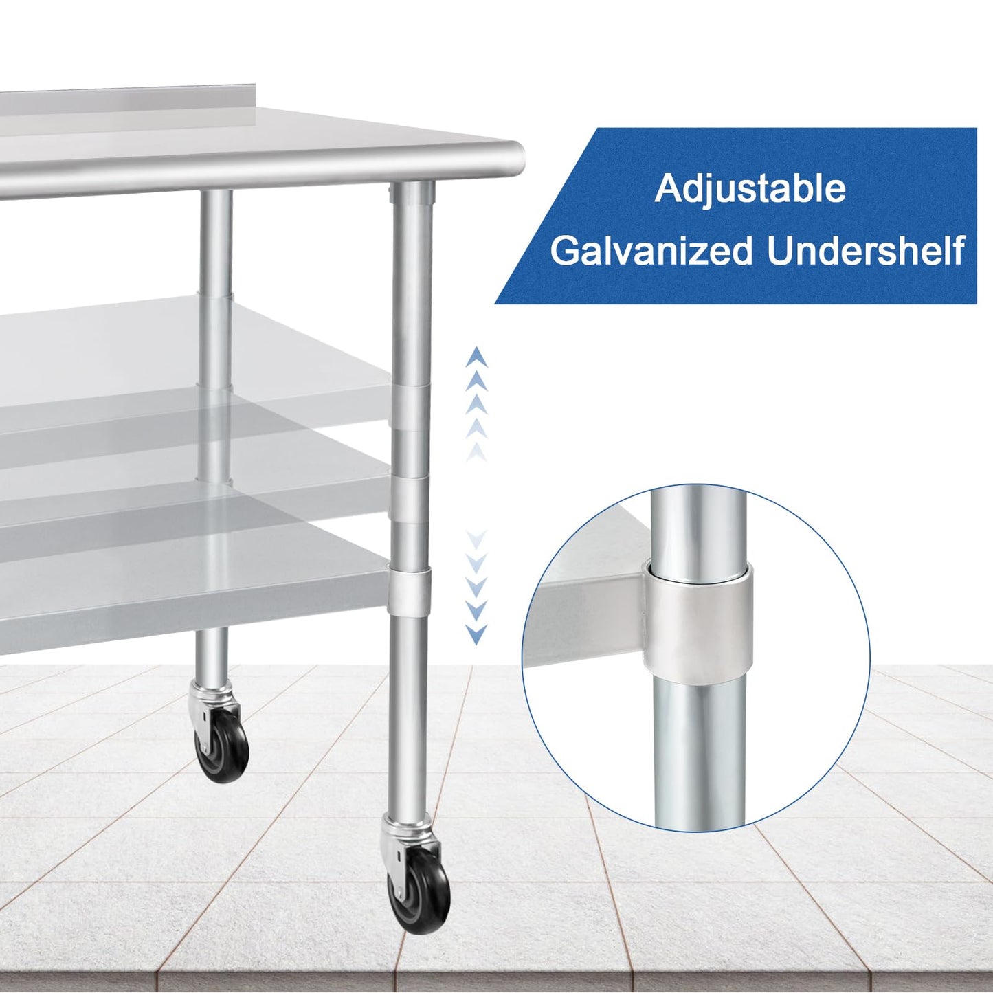 HARDURA Stainless Steel Table 24 x 72 Inches with Wheels Casters NSF Heavy Duty Commercial Prep Table with 2” Backsplash and Adjustable Undershelf for Restaurant Kitchen Home and Hotel